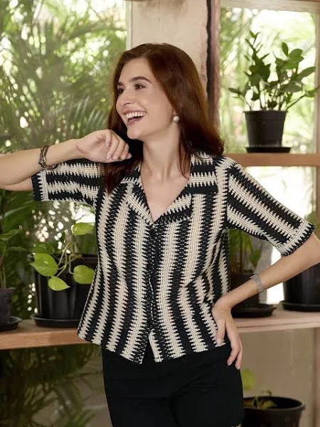 The Roadster Lifestyle Co. Women's Cuban Collar Vertical Striped Boxy Casual Shirt