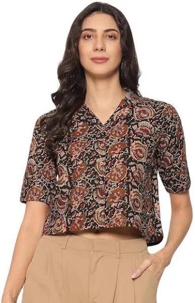 Women's Kalamkari Printed Cuban Collar Crop Shirt Top